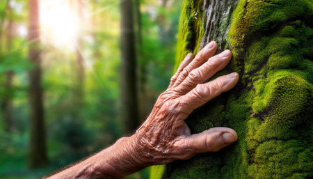 Extreme closeup of a hand of a senior man touching a tree with green moss in the forest and connecting with nature, concept of love for nature and environmental conservation. Generative Ai.の素材