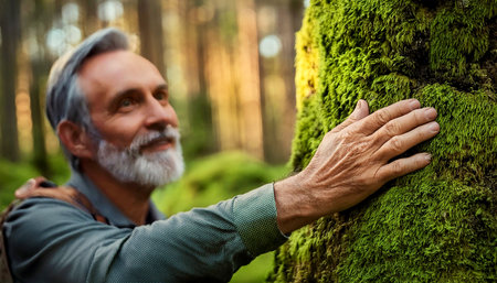 Extreme closeup of a hand of a senior man touching a tree with green moss in the forest and connecting with nature, concept of love for nature and environmental conservation. Generative Ai.の素材