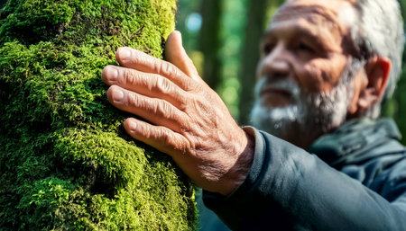 Extreme closeup of a hand of a senior man touching a tree with green moss in the forest and connecting with nature, concept of love for nature and environmental conservation. Generative Ai.の素材