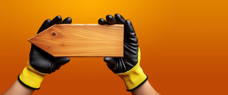 Manual worker with protective work gloves holding a blank wooden directional sign (wooden arrow) with copy space, against a yellow-orange background. Generative Ai.の素材