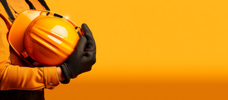 Manual worker with protective work gloves holding a yellow safety helmet on a yellow and orange background with copy space. Concept of workplace security. Generative Ai.の素材