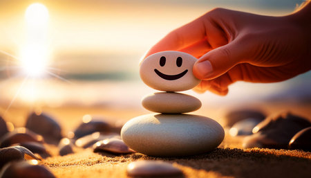 Close-up of a hand placing a pebble with smiling face on top of a balanced stack of pebbles on the beach at sunset or sunrise. Enjoying Life Concept. Harmony and Positive Mind. Generative Ai.の素材