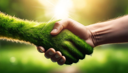 Close-up of handshake between a human hand and a hand made of green grass. Cooperation to prevent sustainable climate change for the earth and social environment and governance or ESG. Generative Ai.の素材
