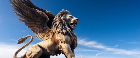 Close-up and side view of the marble statue of the Winged Lion of Saint Mark against a blue sky with clouds, symbol of the Evangelist, the Venetian Republic and the Veneto Region. Generative Ai.の素材