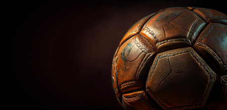 Extreme close-up of an old brown leather soccer ball on black dark background with copy space. Generative Ai.の素材