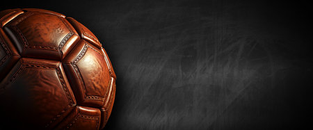 Extreme close-up of an old brown leather soccer ball on black dark background with copy space. Generative Ai.の素材
