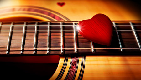 Extreme closeup of a red guitar pick (heart shaped plectrum) above the strings of the fretboard of an old acoustic guitar. String instrument concept. Generative Ai.の素材