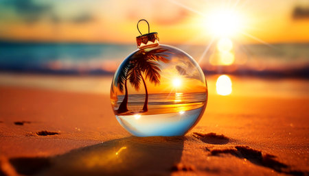 Close-up of a transparent glass Christmas ball on a sandy beach of a tropical sea. Christmas decorations at sunset or sunrise, Christmas and New Year holidays in warm countries, concept. Generative Ai.の素材