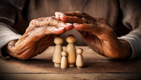 Extreme close-up of two cupped wrinkled hands protecting a small family made of wooden figures on a wooden table. Healthcare and life insurance concept. Generative Ai.の素材