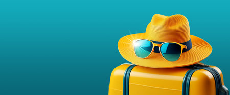 Black and orange-yellow suitcase or luggage bag with straw hat and sunglasses against a blue background with copy space. Holidays, weekend activities, relaxing time, traveling concept. Generative Ai.の素材