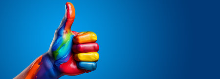 Extreme close-up of a hand painted with multicolored paint and thumb up, against a blue background with copy space. Vibrant painted hand raised in a gesture of positivity and enthusiasm. Generative Ai.の素材