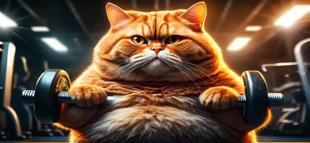 Extreme close-up of an obese and overweight orange cat lifting weights in order to lose weight in a gym. Biceps workout. Obesity, weightlifting and health care concept. Generative Ai.の素材