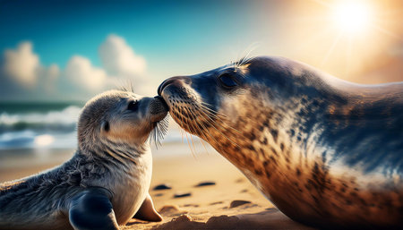 Close-up of a baby seal (seal pup) kissing its mother in a sunny sandy beach on the seashore with crashing waves and blue sky with clouds in the background. Generative Ai.の素材