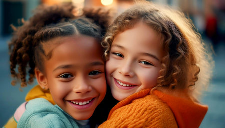 Portrait of an African American girl and a Caucasian girl (two happy smiling little children) hug each other smiling. Love, friendship, diversity and hug between children, anti-racism. Generative Ai.の素材