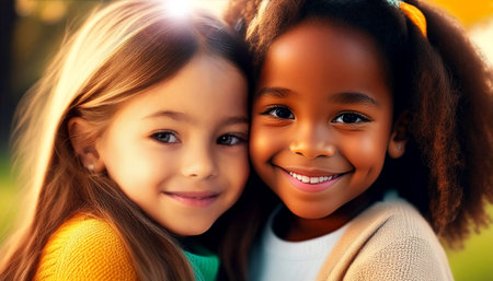 Portrait of an African American girl and a Caucasian girl (two happy smiling little children) hug each other smiling. Love, friendship, diversity and hug between children, anti-racism. Generative Ai.の素材