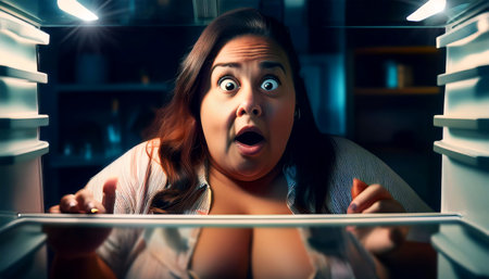 Extreme close-up of an obese shocked woman looking in completely empty fridge at home, view from inside the refrigerator. Concept of very fat person looking for food at night. Generative Ai.の素材