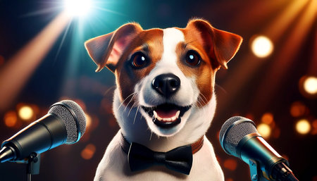 Closeup of a cute Jack Russell Terrier dog looking at camera in front of professional microphones while he is singing on stage. Generative Ai.の素材