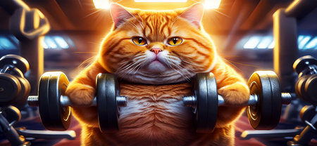 Extreme close-up of an obese and overweight orange cat lifting weights in order to lose weight in a gym. Biceps workout. Obesity, weightlifting and health care concept. Generative Ai.の素材