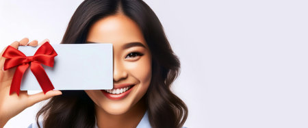 Portrait of a beautiful smiling young woman showing a blank gift card with copy space while looking at camera, hiding one eye. Mixed race Asian, Chinese, Caucasian female model. Generative Ai.の素材