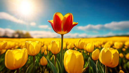 Single red tulip in bloom in a field with many yellow tulips against a clear blue sky. Standing out from the crowd, thinking outside the box, leadership and individuality concept. Generative Ai.の素材