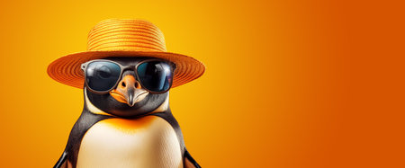 Handsome King Penguin with cool attitude wearing sunglasses and straw sun hat, isolated on yellow-orange background with copy space. Funny fashionable animal ready for summer vacation. Generative Ai.の素材