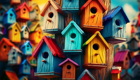 Large group of beautiful, multi-colored birdhouses or bird houses hanging on wooden pole, and a flock of birds against a beautiful blue sky with white clouds. Cheerful and fun birdhouse. Generative Ai.の素材