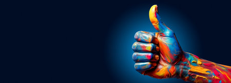Extreme close-up of a hand painted with multicolored paint and thumb up, against a blue background with copy space. Vibrant painted hand raised in a gesture of positivity and enthusiasm. Generative Ai.の素材