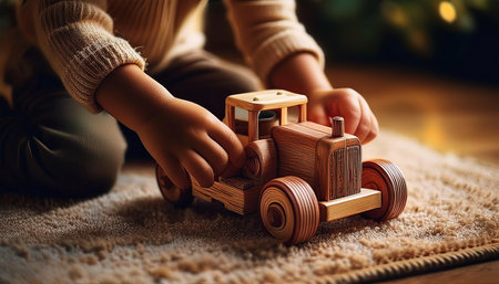 Extreme close-up of a child sitting on the carpet while playing with a wooden vintage toy tractor, farm vehicle machine model for kids play concept. Generative Ai.の素材