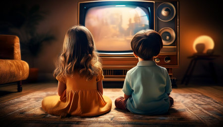 Close-up, bottom view and back view of two children, a boy and a girl, sitting on the carpet of the floor watching television in retro style in a dark old-fashioned room. Generative Ai.の素材