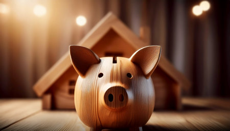 Close-up of a small wooden piggy bank in the shape of a house on a wooden floor with copy space. Symbolizing savings for housing. Generative Ai.の素材