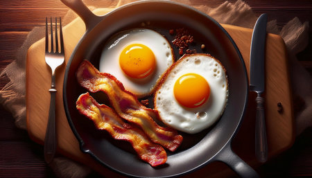 Extreme close-up of two fried eggs and slices of bacon in a black skillet with a metal handle, on a wooden table with fork and knife, top view. Generative Ai.の素材