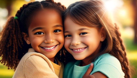 Portrait of an African American girl and a Caucasian girl (two happy smiling little children) hug each other smiling. Love, friendship, diversity and hug between children, anti-racism. Generative Ai.の素材