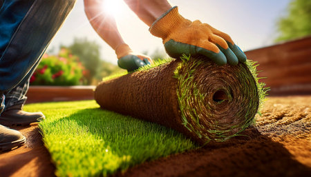 Close-up of the hands of a man with work gloves (male gardener) while laying a roller sod for a new garden lawn. Rolling or unrolling a turf, concept. Generative Ai.の素材