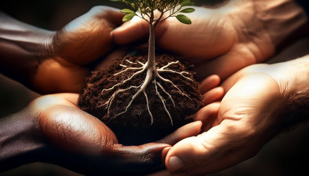 Cupped hands of two environmentalists holding a small tree with roots in the ground in the forest. Blak man and caucasian man with white and black skin. Solidarity and diversity. Generative Ai.の素材