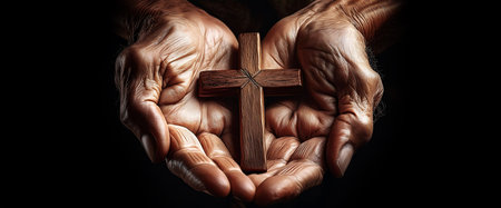 Extreme closeup of the wrinkled hands of old man holding a small wooden religious cross on a dark background, religious symbol of Christianity or prayer. Generative Ai.の素材