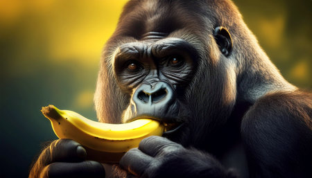 Portrait of a large silverback gorilla or mountain gorilla while eating a yellow ripe banana and looking at camera in the jungle. Generative Ai.の素材