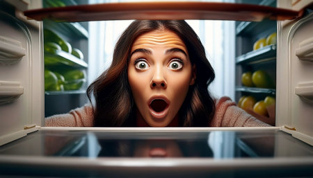 Extreme close-up of a young shocked woman looking into empty fridge at home, view from inside the refrigerator. Generative Ai.の素材