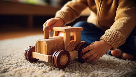 Extreme close-up of a child sitting on the carpet while playing with a wooden vintage toy tractor, farm vehicle machine model for kids play concept. Generative Ai.の素材