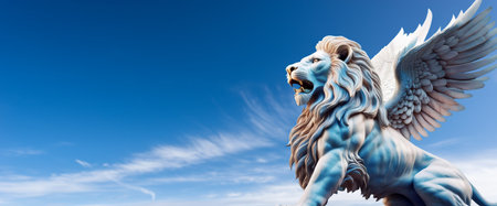 Close-up and side view of the marble statue of the Winged Lion of Saint Mark against a blue sky with clouds, symbol of the Evangelist, the Venetian Republic and the Veneto Region. Generative Ai.の素材