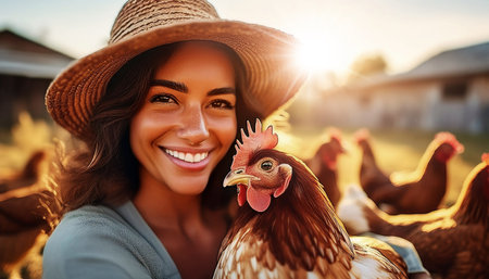 Portrait of a smiling young female farmer holding a beautiful chicken or hen at sunset. Many chickens in the background thanks freely outdoors. Concept of animal welfare, pride and care. Generative Ai.の素材