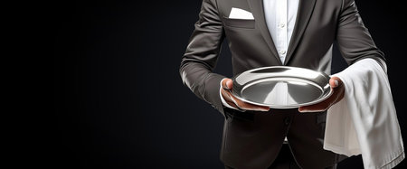 Close-up and front view of a waiter or chef, holding a silver metal empty serving tray, isolated on black dark background with copy space. Generative Ai.の素材