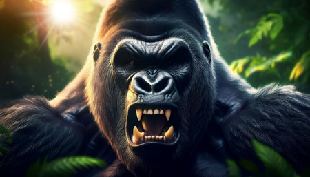 Portrait of a large silverback gorilla or mountain gorilla while roaring looking at the camera. Angry powerful animal roaring in jungle wilderness showing teeth. Generative Ai.の素材