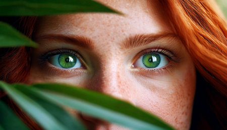 Extreme close-up of a beautiful green eyes of a young woman looking through green leaves in the forest. Ecological and environmentalist concept. Generative Ai.の素材