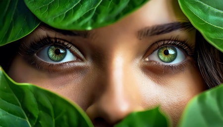 Extreme close-up of a beautiful green eyes of a young woman looking through green leaves in the forest. Ecological and environmentalist concept. Generative Ai.の素材