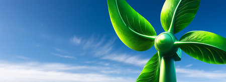 Wind turbine with the propeller in the shape of green leaves against a clear blue sky with clouds and copy space. Renewable energy, sustainable resources, wind and green energy concept. Generative Ai.の素材