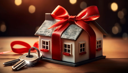 Extreme close-up of a miniature model house wrapped in a red ribbon with tied bow as a gift on a wooden brown desk with silver house keys and copy space. Generative Ai.の素材