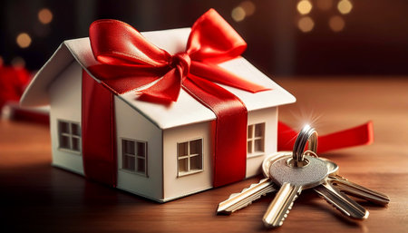 Extreme close-up of a miniature model house wrapped in a red ribbon with tied bow as a gift on a wooden brown desk with silver house keys and copy space. Generative Ai.の素材