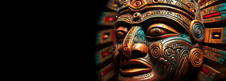 Close-up of a wooden multi colored ancient Mayan or Inca Mask with intricate designs, on black background with copy space. Craftsmanship of an ancient Central American civilization. Generative Ai.の素材