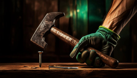 Hand with green and black protective work glove holding an old steel claw hammer with brown wooden handle, on a wooden workbench with a nail and copy space. Generative Ai.の素材