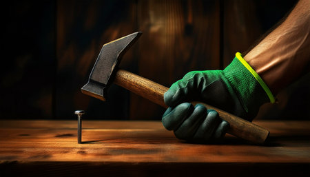 Hand with green and black protective work glove holding an old steel claw hammer with brown wooden handle, on a wooden workbench with a nail and copy space. Generative Ai.の素材